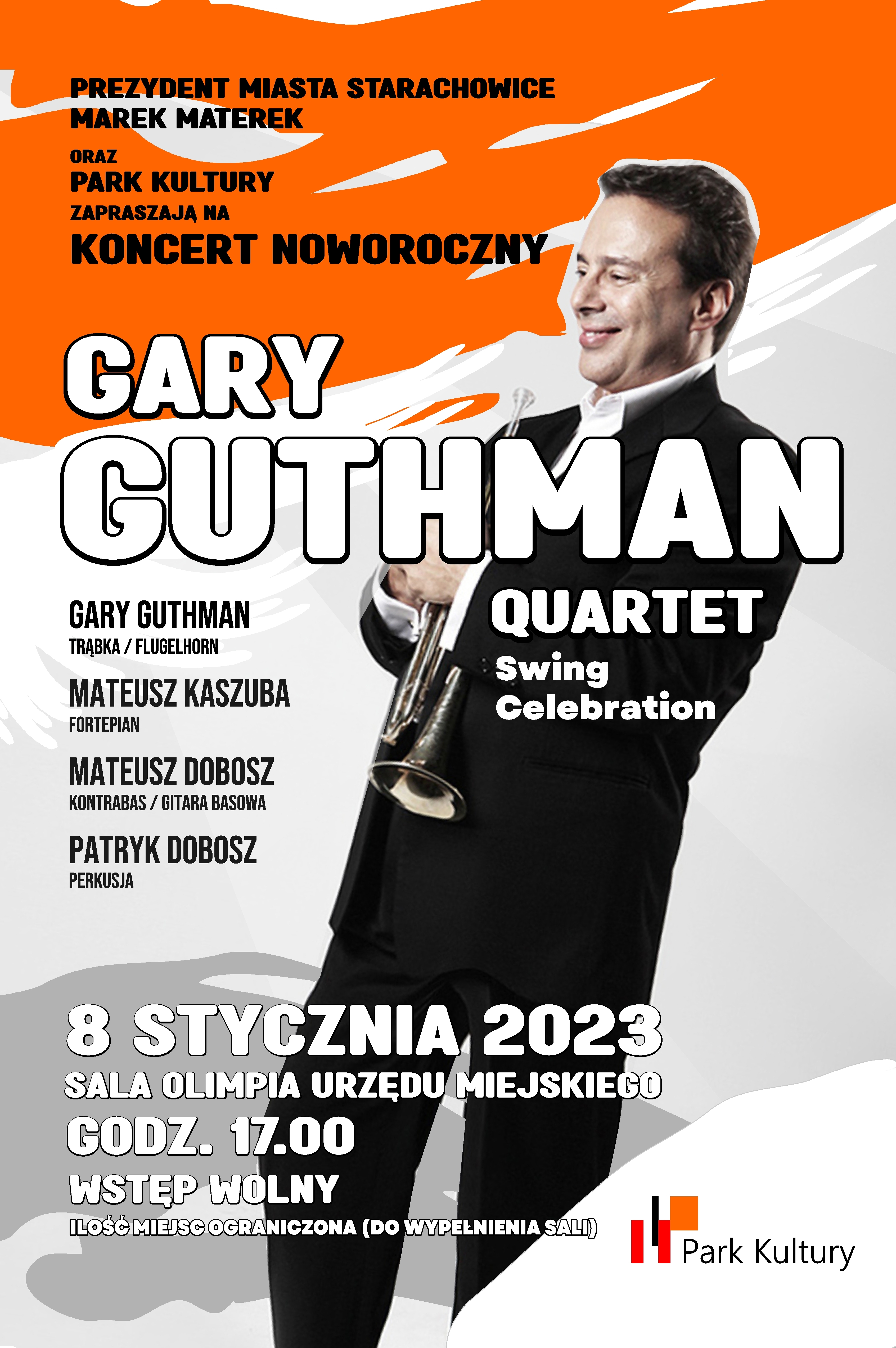 plakat Koncert noworoczny, fotografia trębacz Guthman